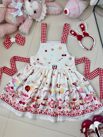 ロリータ スイートドレス リボンプリント ジャンパースカート レーストリム パフィードレス