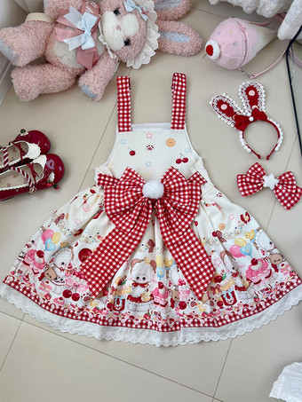 ロリータ スイートドレス リボンプリント ジャンパースカート レーストリム パフィードレス