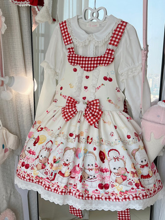 ロリータ スイートドレス リボンプリント ジャンパースカート レーストリム パフィードレス