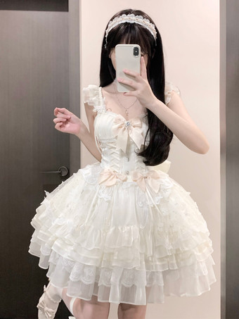 スイートロリータレースティアードドレス リボン刺繍 ノースリーブ プリンセスドレス