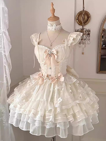 スイートロリータレースティアードドレス リボン刺繍 ノースリーブ プリンセスドレス