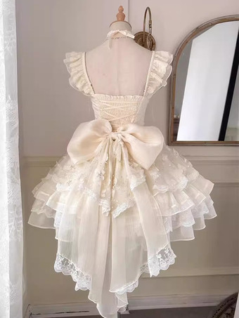 スイートロリータレースティアードドレス リボン刺繍 ノースリーブ プリンセスドレス