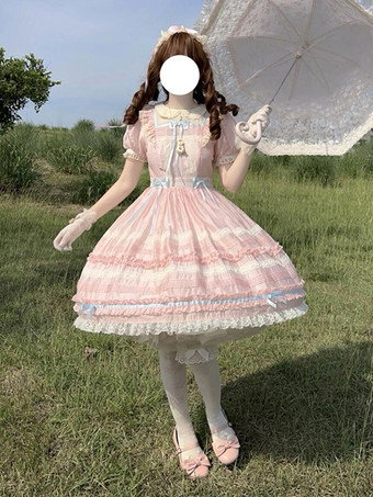 スイートロリータドレス リボンレースアップ ランタンスリーブ レーストリム プリンセス パフィードレス