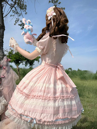 スイートロリータドレス リボンレースアップ ランタンスリーブ レーストリム プリンセス パフィードレス