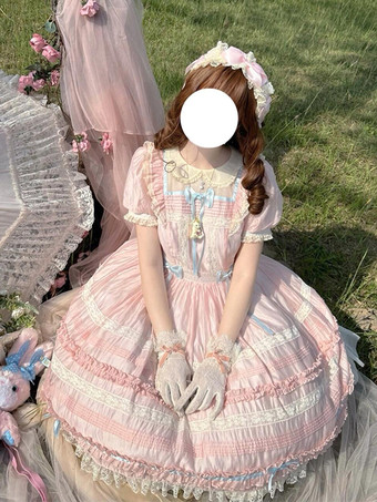 スイートロリータドレス リボンレースアップ ランタンスリーブ レーストリム プリンセス パフィードレス