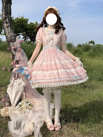 スイートロリータドレス リボンレースアップ ランタンスリーブ レーストリム プリンセス パフィードレス