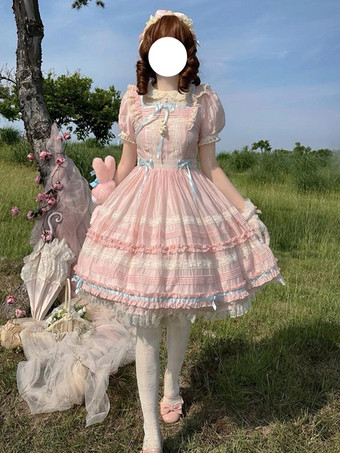 スイートロリータドレス リボンレースアップ ランタンスリーブ レーストリム プリンセス パフィードレス