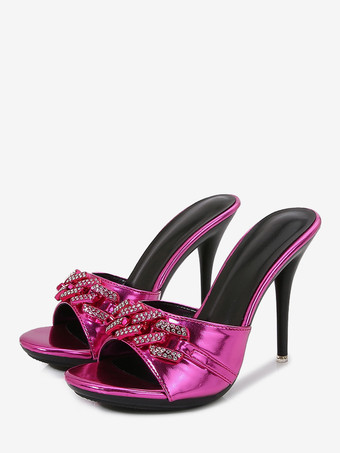 フクシア ハイヒールサンダルスライドオープントゥラインストーンサンダルスリッパ