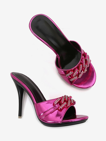 ハイヒールサンダルスライドオープントゥラインストーンサンダルスリッパ