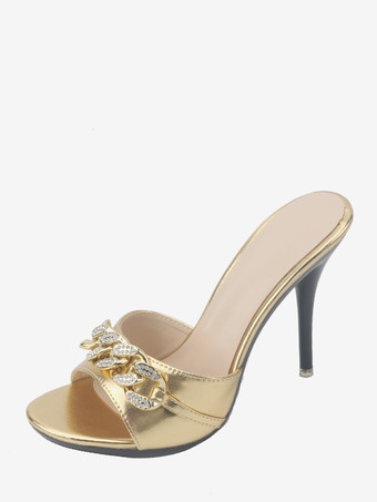 ゴールド ハイヒールサンダルスライドオープントゥラインストーンサンダルスリッパ