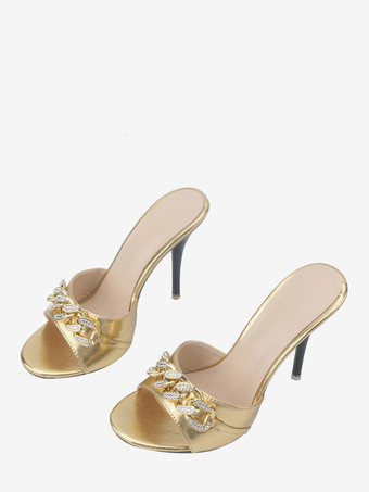 ハイヒールサンダルスライドオープントゥラインストーンサンダルスリッパ