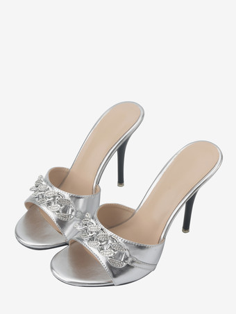 シルバー ハイヒールサンダルスライドオープントゥラインストーンサンダルスリッパ