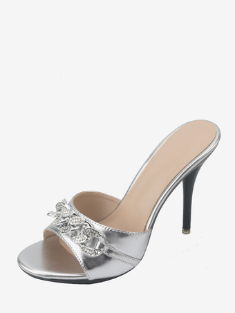 ハイヒールサンダルスライドオープントゥラインストーンサンダルスリッパ