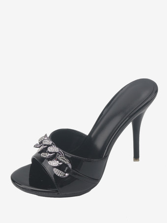 ブラック ハイヒールサンダルスライドオープントゥラインストーンサンダルスリッパ