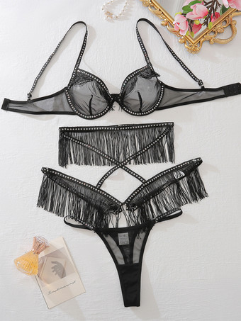 ラインストーンランジェリー セクシー ブラック 3ピース 大人用 ブラ＆パンティセット