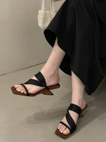 レディースサンダルミュール オープントゥ ストラップデザインヒールサンダルスライド