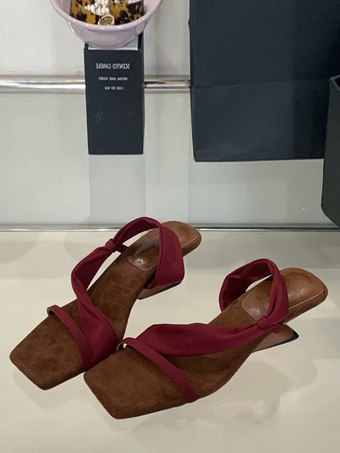 レッド レディースサンダルミュール オープントゥ ストラップデザインヒールサンダルスライド