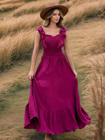 フリルトリムのボヘミアンマキシドレス（レイヤードヘム、レディース向け）2025