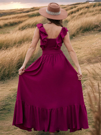 フリルトリムのボヘミアンマキシドレス（レイヤードヘム、レディース向け）2025