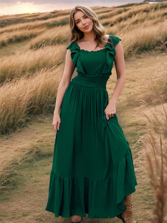グリーン フリルトリムのボヘミアンマキシドレス（レイヤードヘム、レディース向け）2025