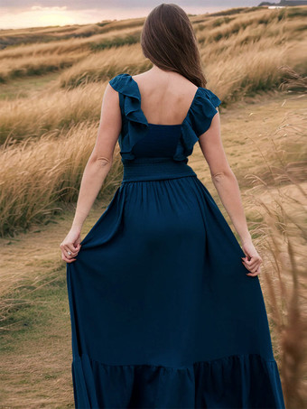 フリルトリムのボヘミアンマキシドレス（レイヤードヘム、レディース向け）2025