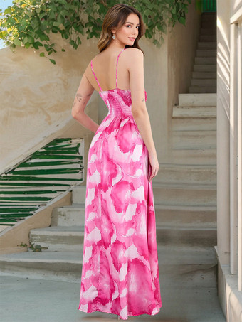 グラデーション水彩プリントの深めのVネックマキシ丈スリップドレス（レディース）2025年