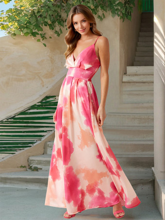 グラデーション水彩プリントの深めのVネックマキシ丈スリップドレス（レディース）2025年