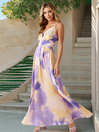 グラデーション水彩プリントの深めのVネックマキシ丈スリップドレス（レディース）2025年