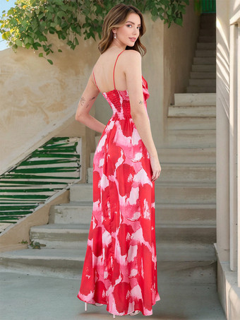 グラデーション水彩プリントの深めのVネックマキシ丈スリップドレス（レディース）2025年