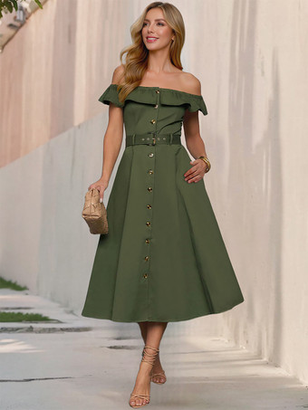 ハンターグリーン フリル付きオフショルダーベルト付きミディドレス（レディース）2026