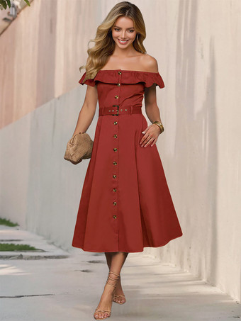 フリル付きオフショルダーベルト付きミディドレス（レディース）2026