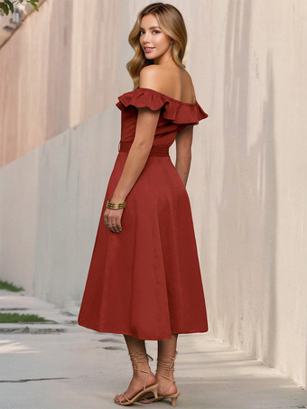 フリル付きオフショルダーベルト付きミディドレス（レディース）2026