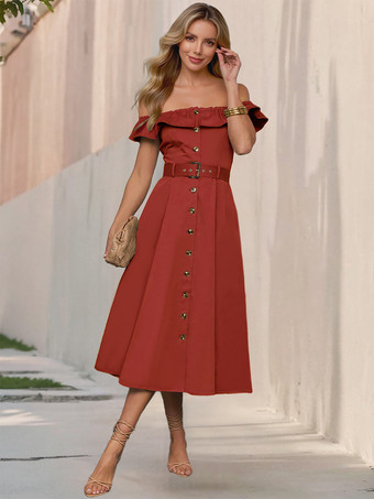 ワインレッド フリル付きオフショルダーベルト付きミディドレス（レディース）2026