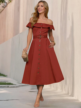 フリル付きオフショルダーベルト付きミディドレス（レディース）2026