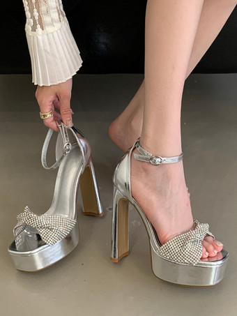 シルバーハイヒールサンダル プラットフォーム ラインストーン チャンキーヒール パーティーシューズ