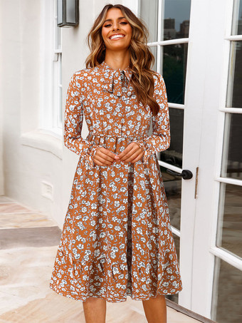 2025年レディース向け花柄タイネックミディドレス（長袖）