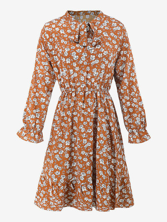 2025年レディース向け花柄タイネックミディドレス（長袖）