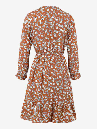 2025年レディース向け花柄タイネックミディドレス（長袖）