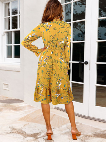 2025年レディース向け花柄タイネックミディドレス（長袖）