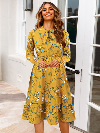 2025年レディース向け花柄タイネックミディドレス（長袖）