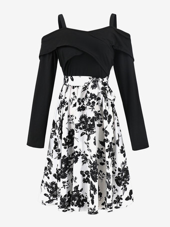 2025年レディース向けコールドショルダープリントミディドレス