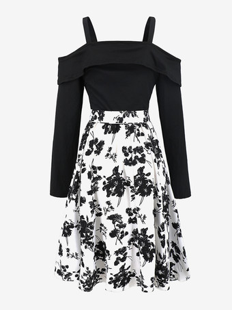 2025年レディース向けコールドショルダープリントミディドレス