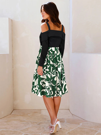 2025年レディース向けコールドショルダープリントミディドレス