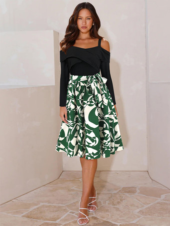 2025年レディース向けコールドショルダープリントミディドレス