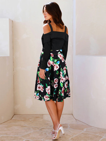 2025年レディース向けコールドショルダープリントミディドレス