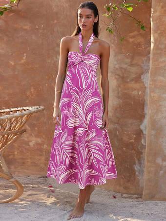 パープル トロピカルフローラルプリントのホルターネックロングドレス（レディース）2025