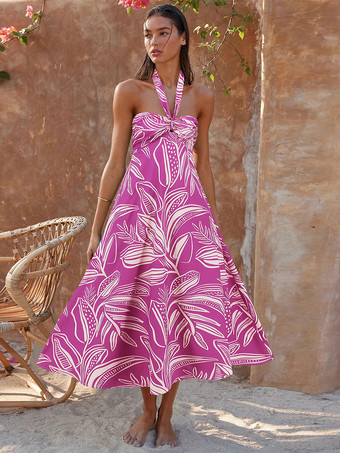 トロピカルフローラルプリントのホルターネックロングドレス（レディース）2025