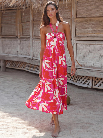 レッド トロピカルフローラルプリントのホルターネックロングドレス（レディース）2025