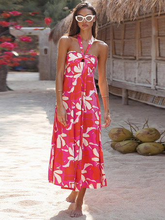 トロピカルフローラルプリントのホルターネックロングドレス（レディース）2025