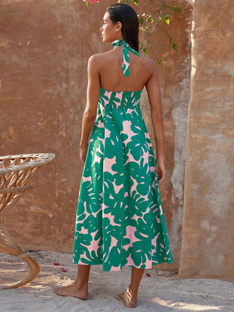 トロピカルフローラルプリントのホルターネックロングドレス（レディース）2025